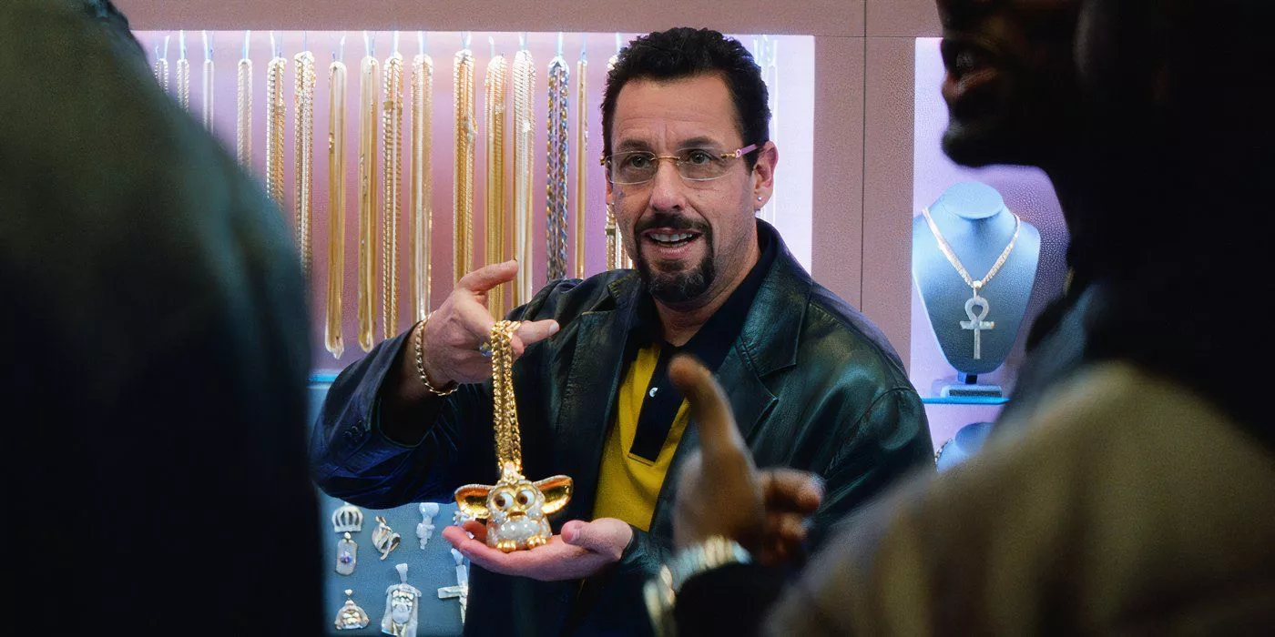 Adam Sandler as Howard Ratner in the middle of trying to make a sale on jewelry in Uncut Gems.