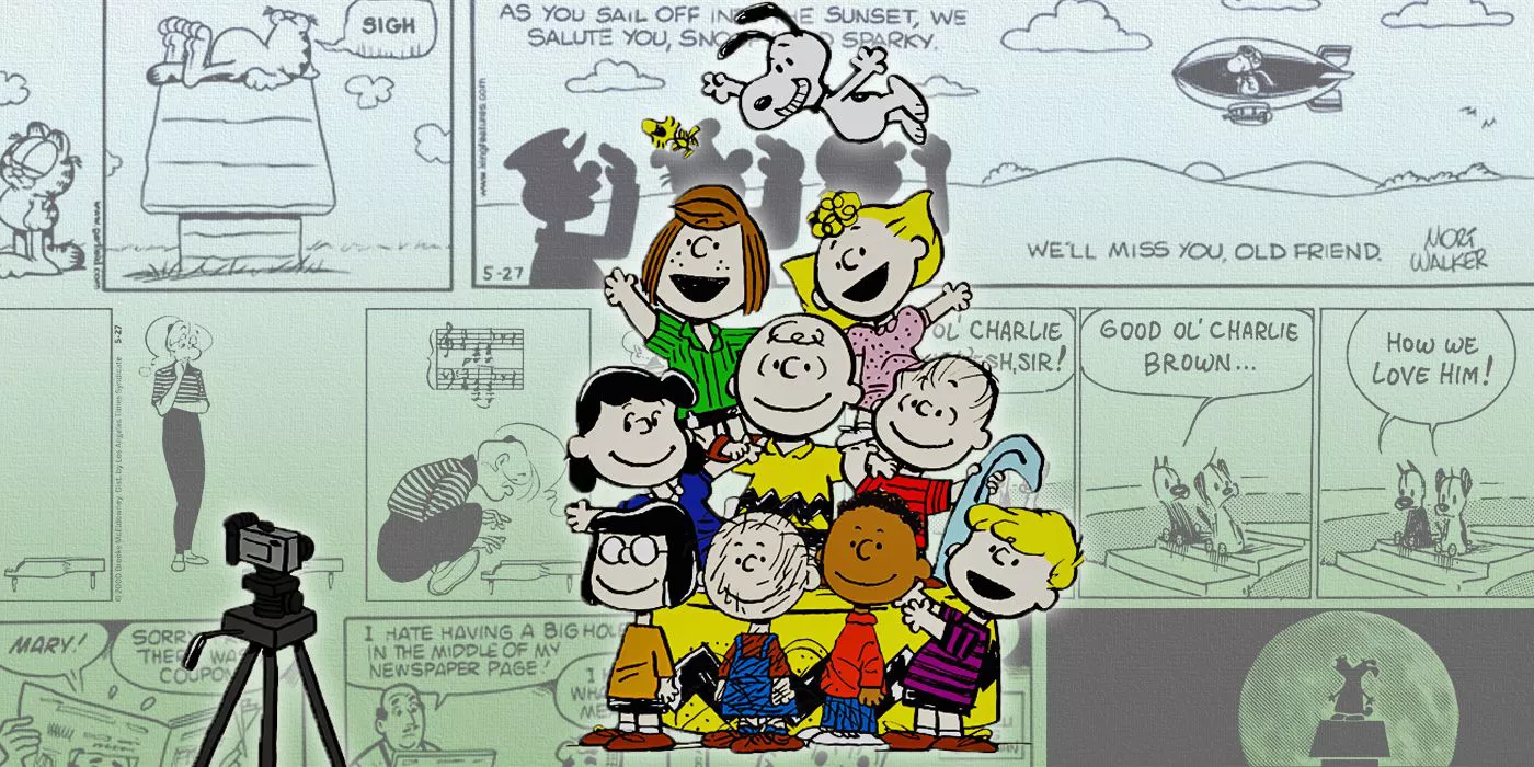 The Peanuts gang posing for a picture with various tribute comics to Charles M. Schulz in the background