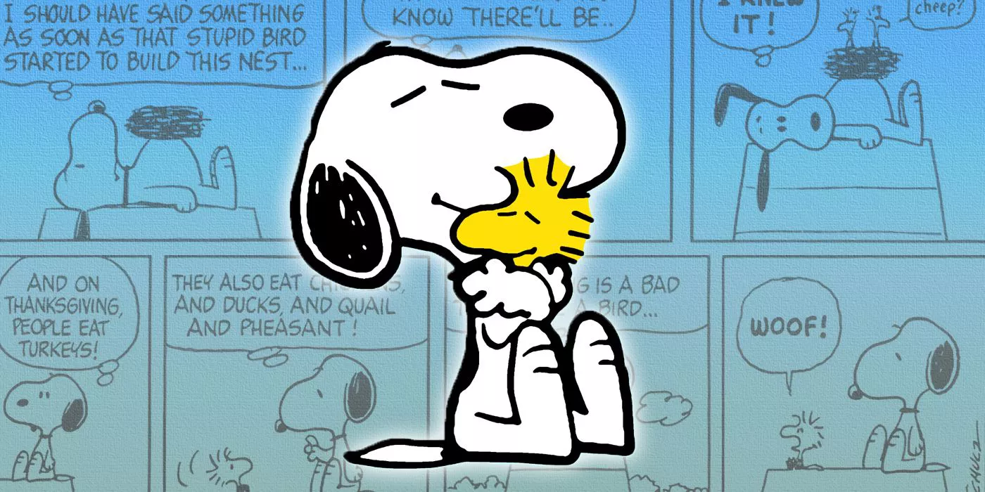 Snoopy hugging Woodstock with Peanuts comics in the background