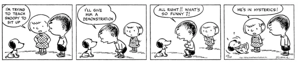 Shermy and Patty make Snoopy laugh in Peanuts comic strip