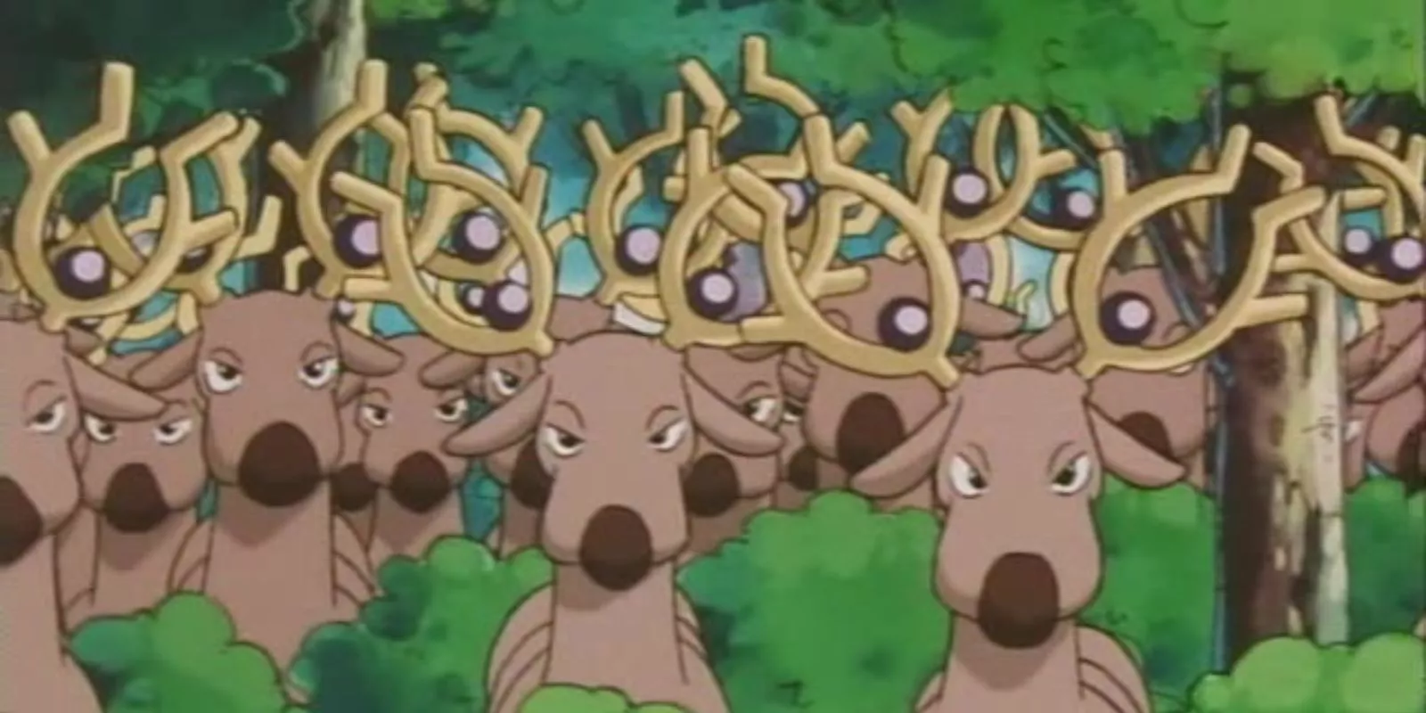 A herd of Stantler stare down Brock and the crew in Pokémon: The Johto Journeys