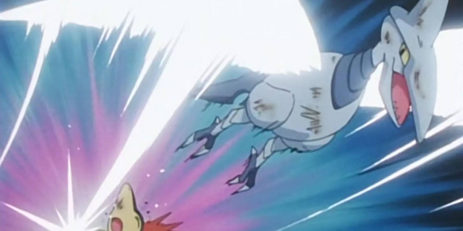 Skarmory scores a hit in battle against Ash's Cyndaquil in Pokémon: The Johto Journeys