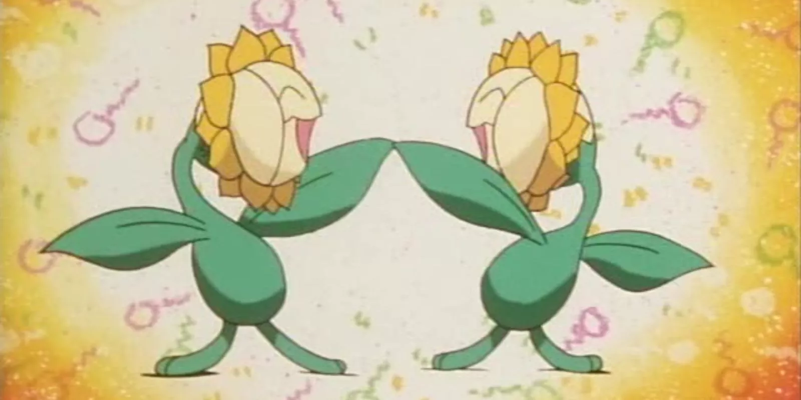 Happy Sunflora friends high five with their leaves in Pokémon: The Johto Journeys