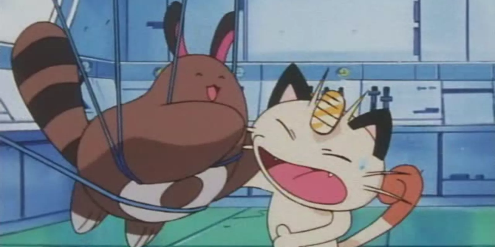 A smiling Sentret pokes fun at Team Rocket's Meowth even while tied up in Pokémon: The Johto Journeys