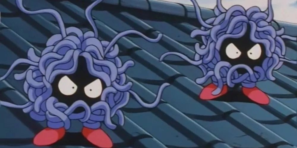 Two Tangela get angry on a roof in Pokemon anime