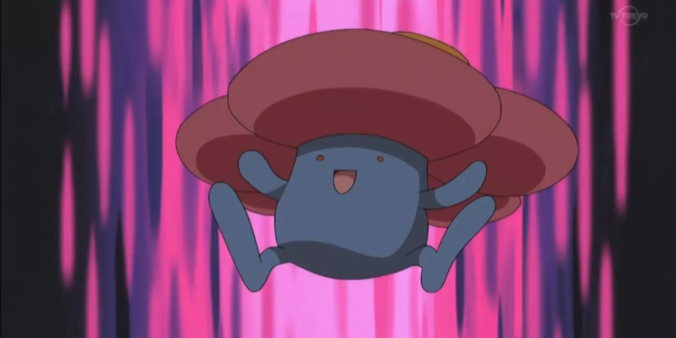 An excited Vileplume leaps happily against a pink and black background from Pokemon