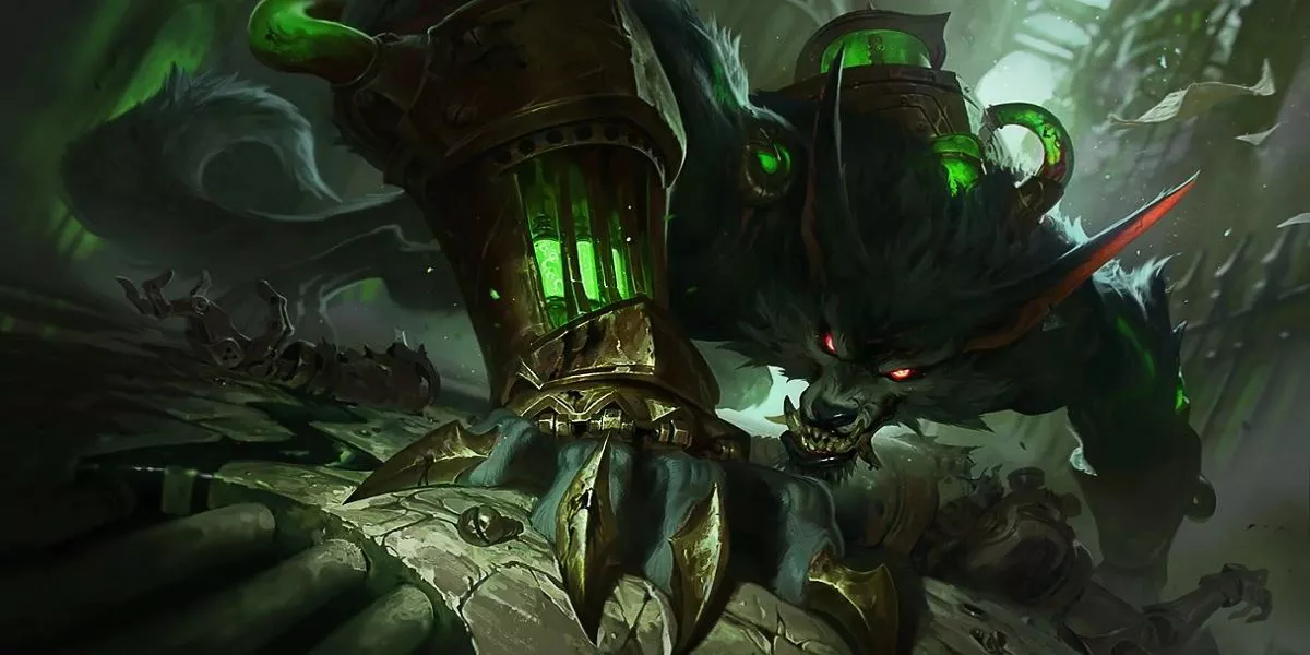 Arte de splash de Warwick en League of Legends.