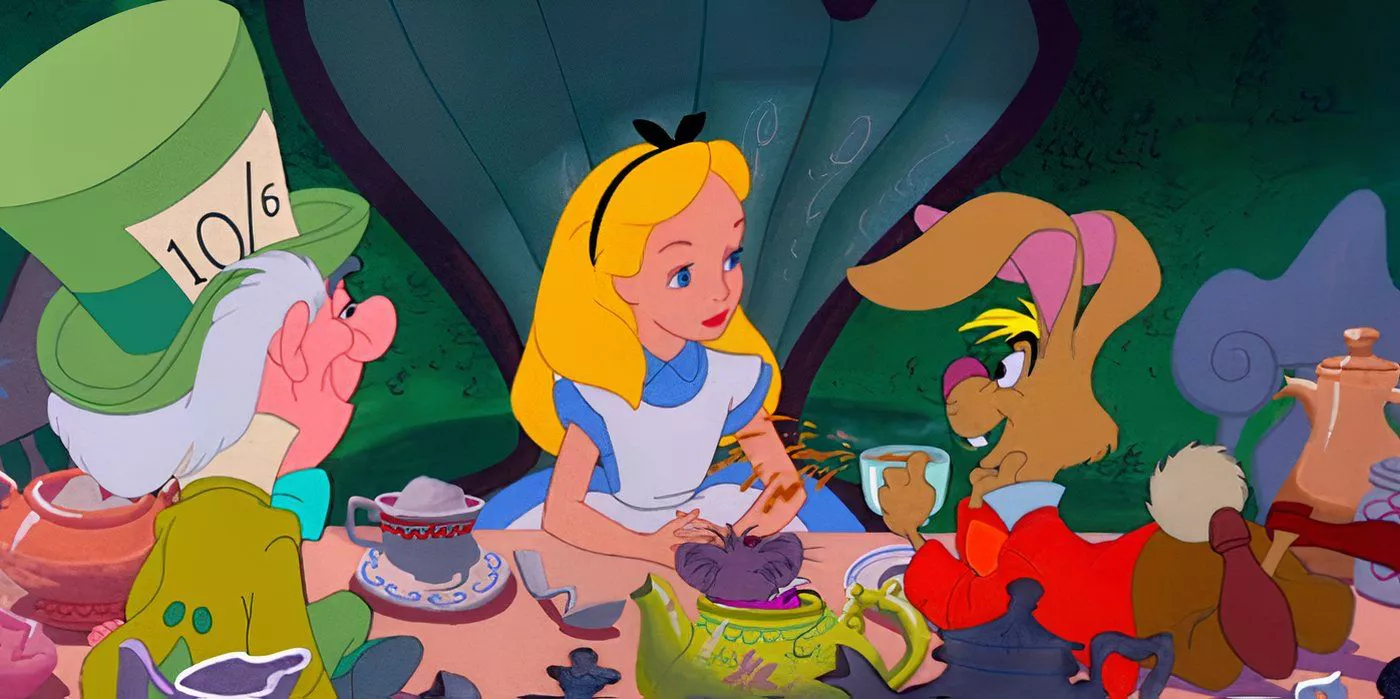 Alice is sitting with the March Hare and Mad Hatter for a tea party in Alice in Wonderland