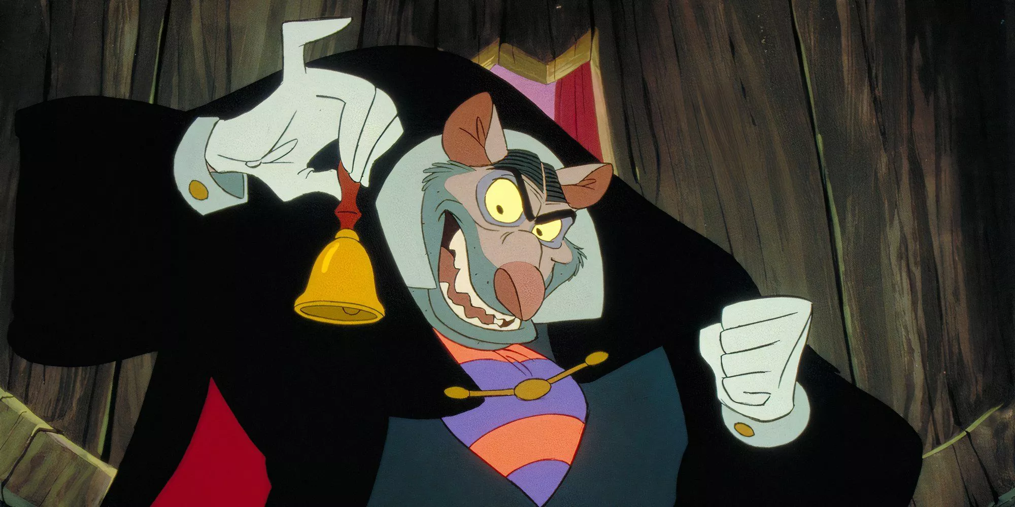 Professor Ratigan is ringing the bell in The Great Mouse Detective