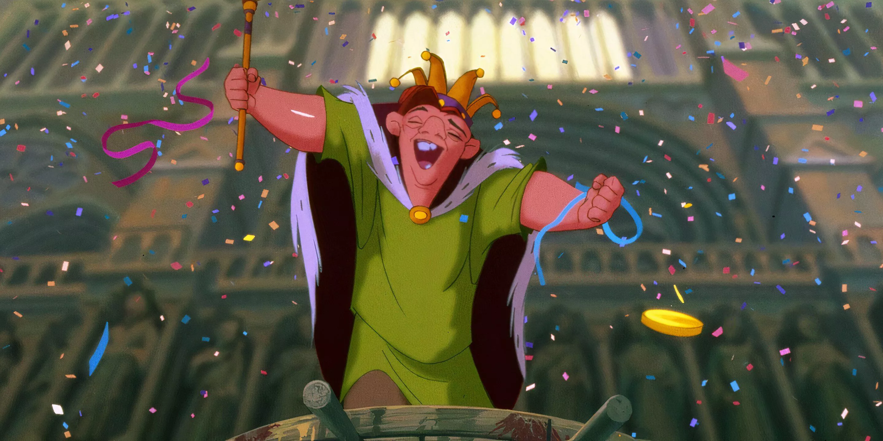 Quasimodo is happily celebrating in The Hunchback of Notre Dame