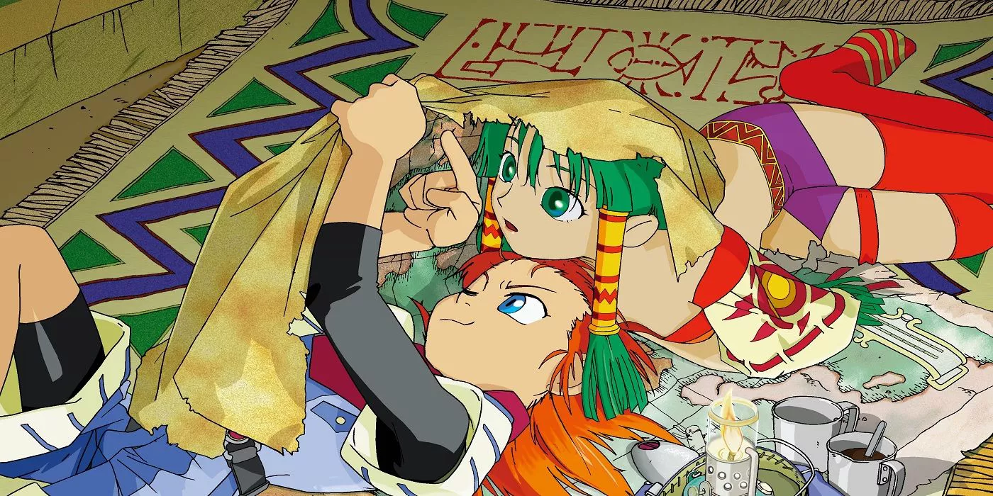 Official art from the Playstation store of the main characters from Grandia laying together.