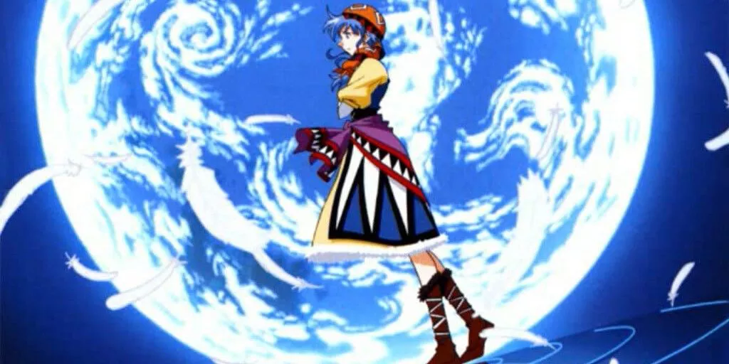 A girl standing on water with a planet in the background in Lunar: Silver Star Story Complete