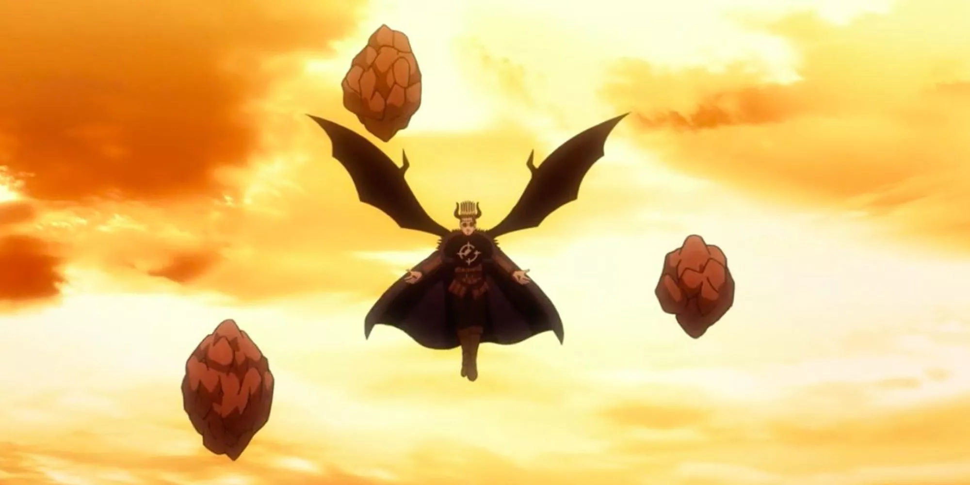 Dante Zogratis en el aire rodeado de rocas en Black Clover