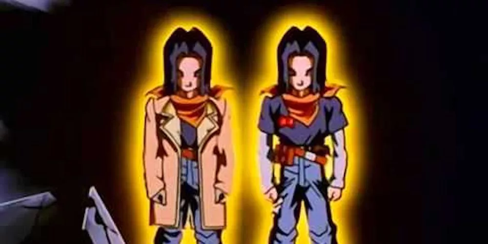 Android 17 and Hell Fighter 17 engage in fusion before becoming Super 17 in Dragon Ball GT.