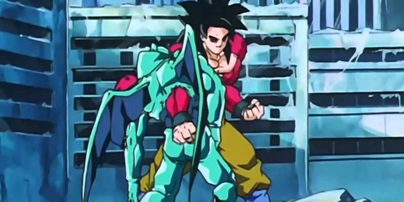 Super Saiyan 4 Goku punches through Eis Shenron in Dragon Ball GT.