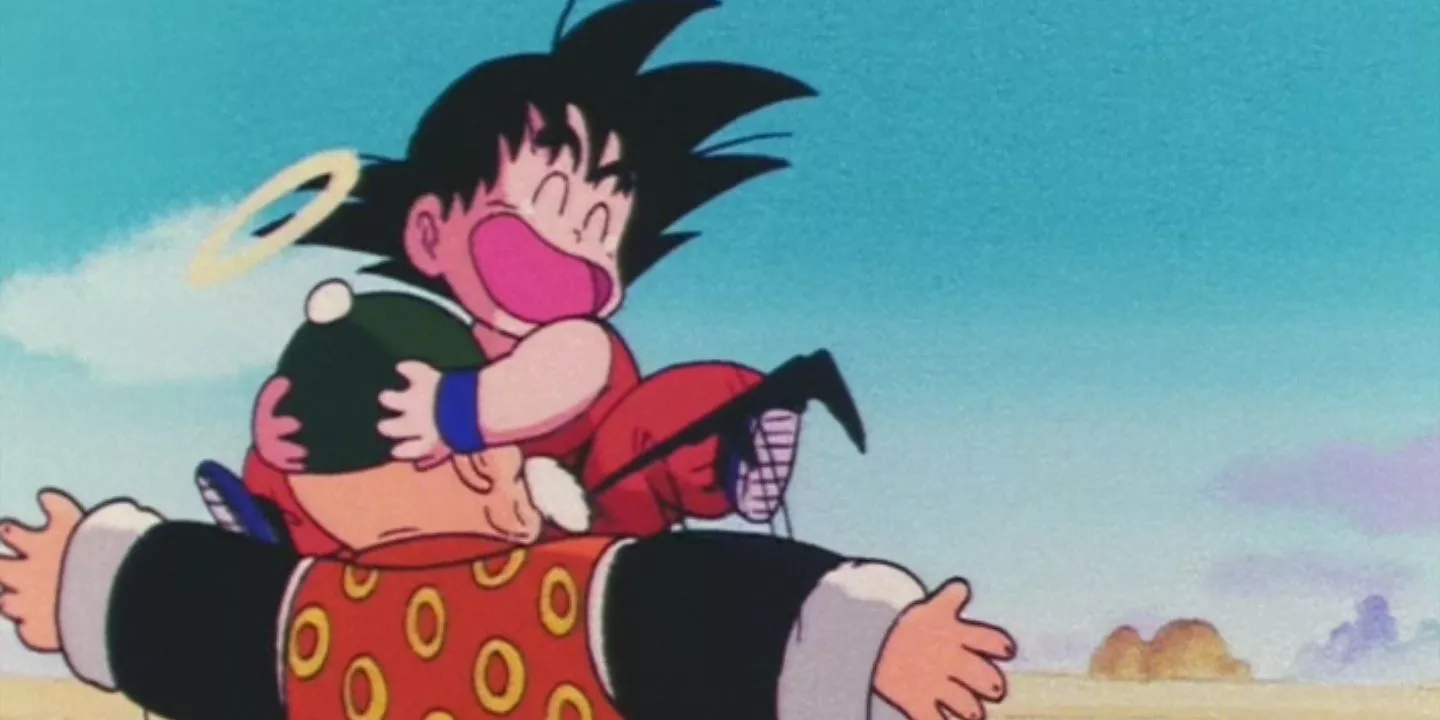 Gohan excitedly embraces his deceased Grandpa Gohan in Dragon Ball.