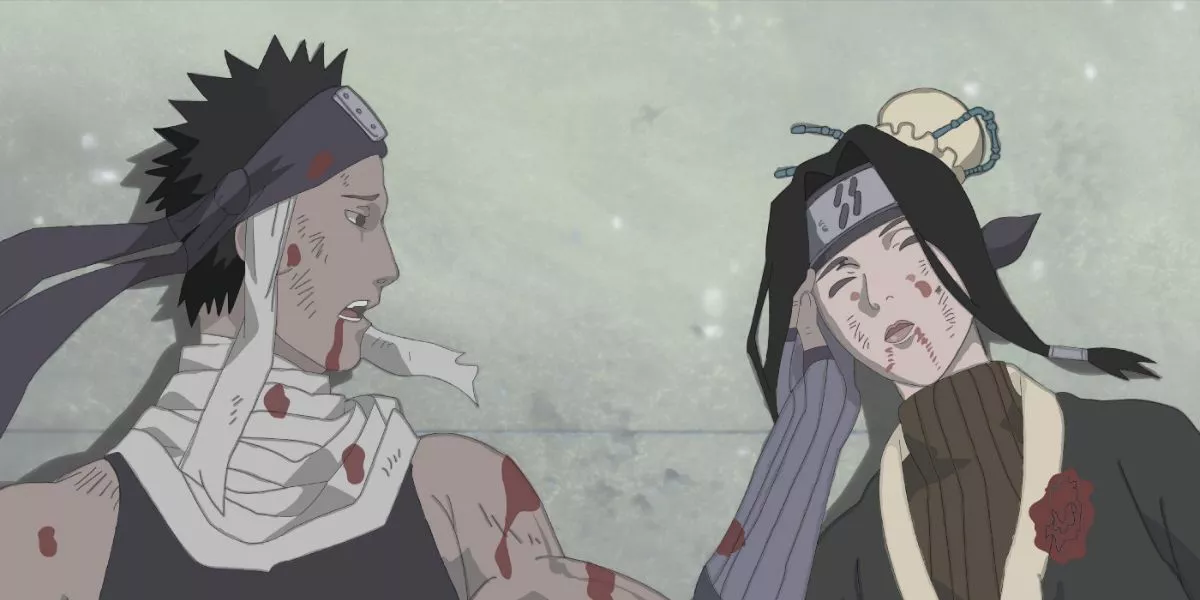 Zabuza toca suavemente el rostro de Haku mientras él sangra hasta morir en Naruto.