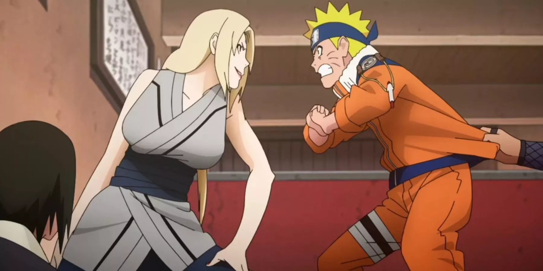 Naruto comienza a atacar enojado a la sonriente Lady Tsunade mientras Jiraiya lo detiene en Naruto