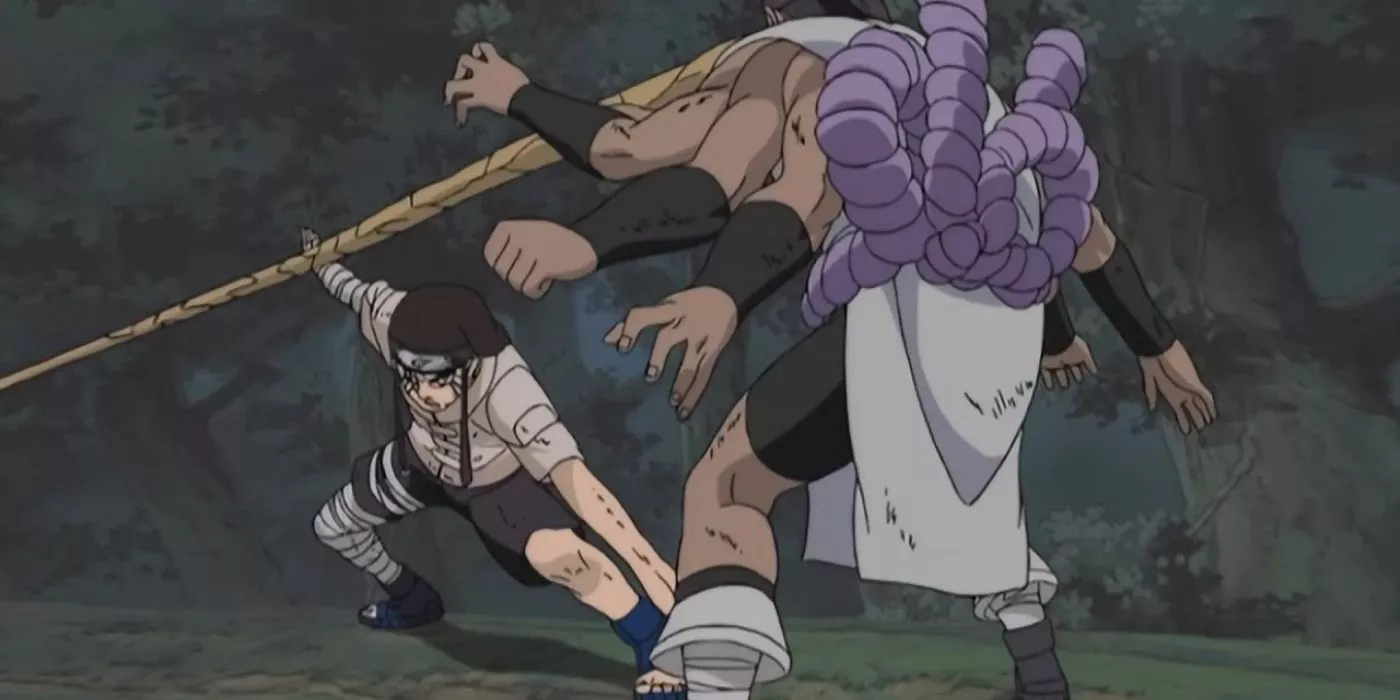 Neji lucha contra Kidomaru el Ninja Sonido durante la Misión de Recuperación de Sasuke en Naruto