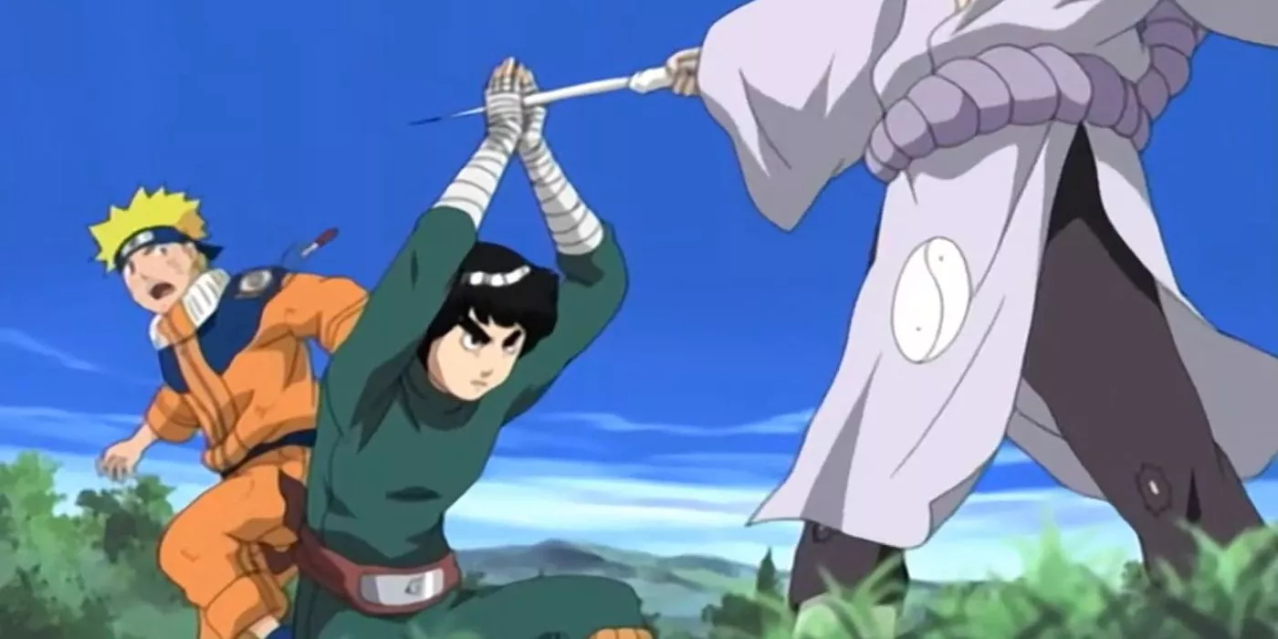 Rock Lee atrapa el ataque óseo de Kimimaro con sus manos en la Misión de Recuperación de Sasuke en Naruto