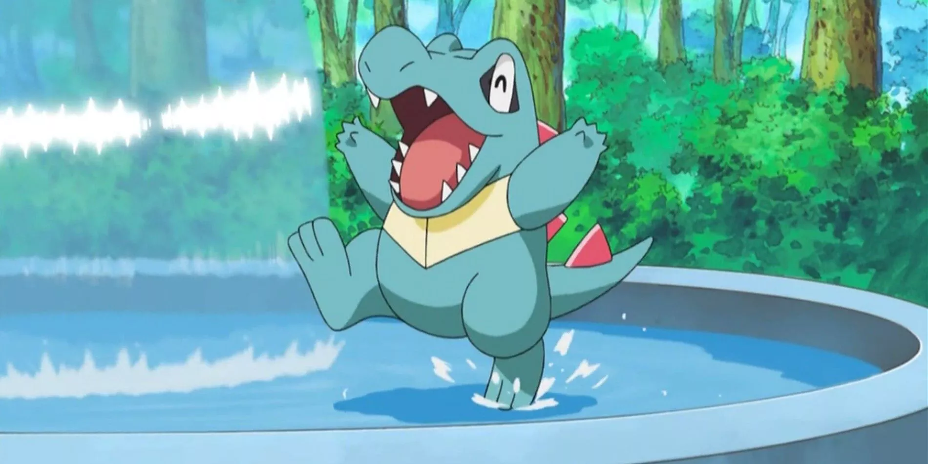 Totodile happily skipping in a water fountain in the anime