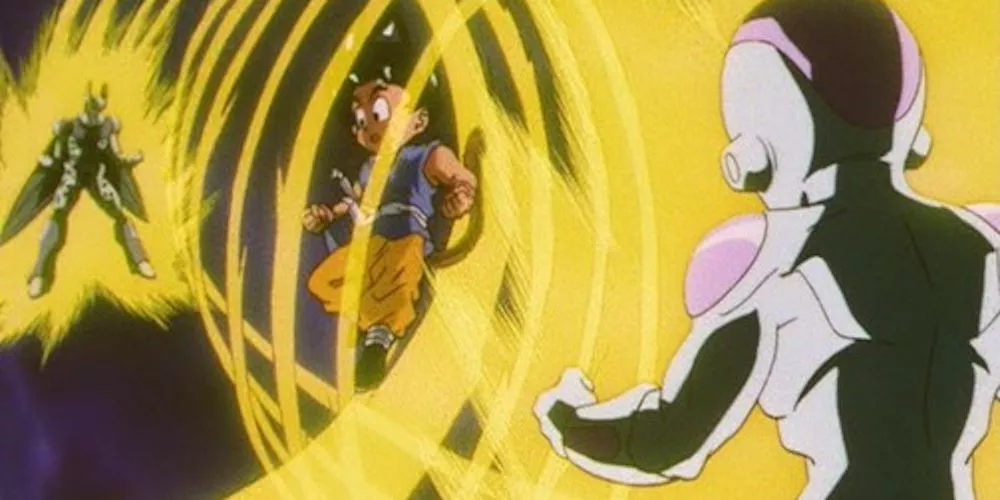 Frieza and Cell use their Hell's Buster attack on Goku in Dragon Ball GT.