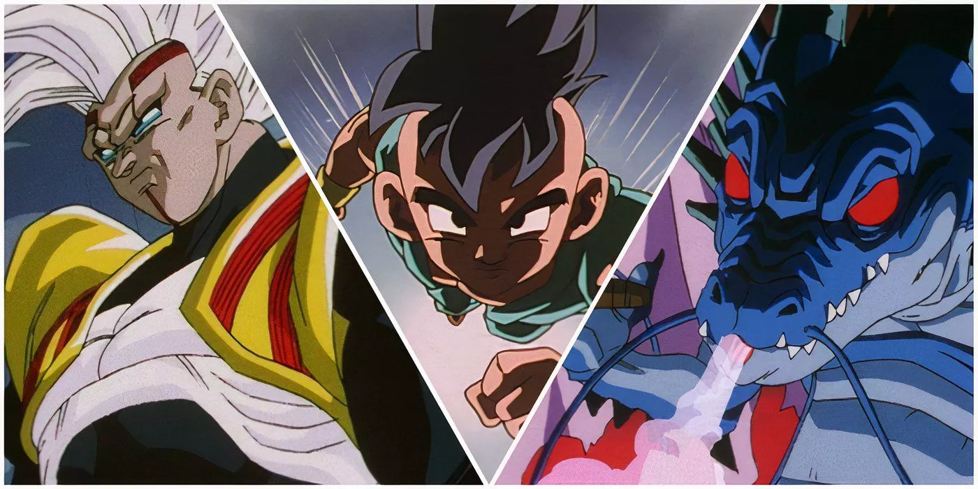 Baby Vegeta, Uub, and Black Smoke Shenron in Dragon Ball GT.