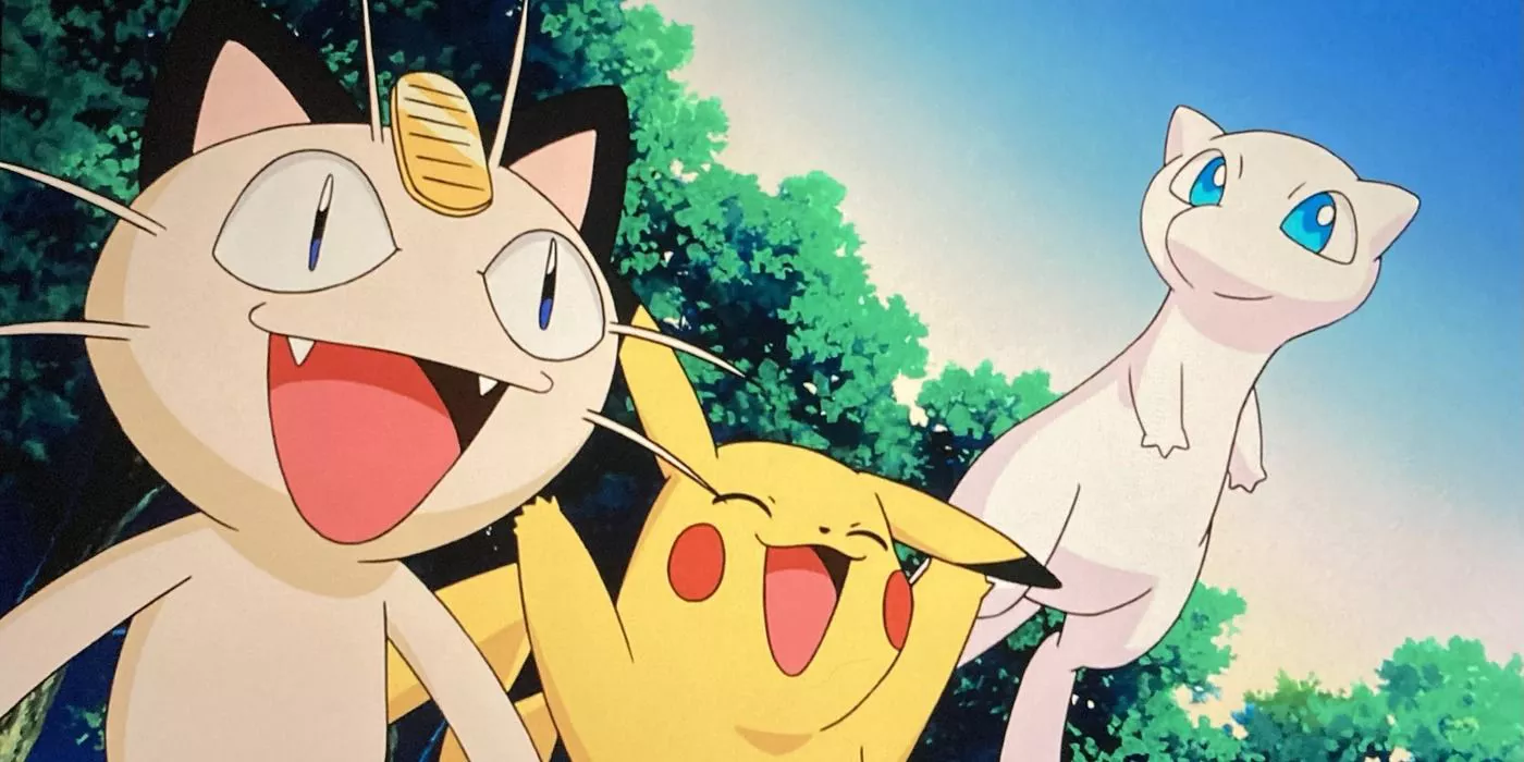 Mew muestra a Meowth y Pikachu una vista de la tierra.