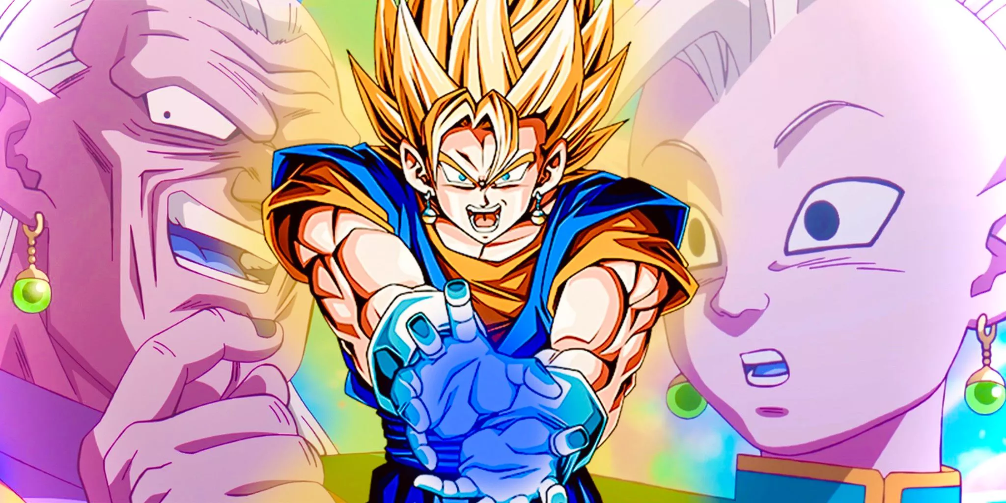 Vegito carga un ataque de ki mientras Kobito y el Kai Supremo Shin observan en Dragon Ball DAIMA