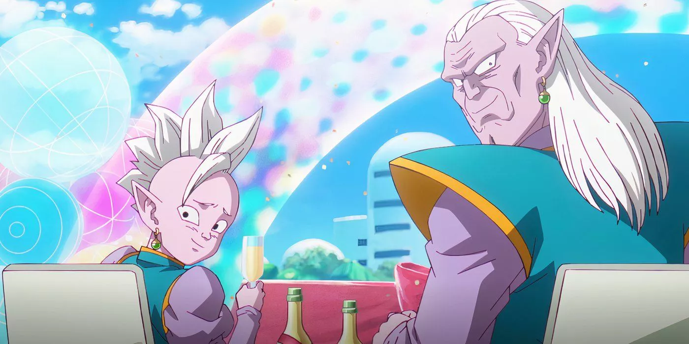 Shin y Kibito parecen nerviosos en la fiesta de Trunks en Dragon Ball DAIMA Episodio 1.