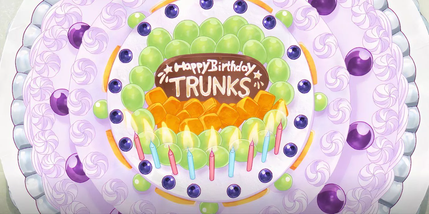 El pastel de cumpleaños de Trunks en Dragon Ball DAIMA Episodio 1.