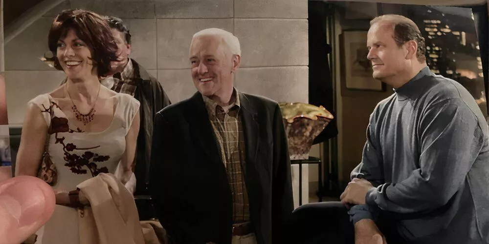 Wendie Malick shares a laugh with John Mahoney and Kelsey Grammer in Frasier