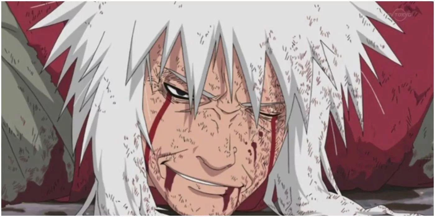 Jiraiya trata de levantarse tras la batalla con Pain en Naruto Shippuden