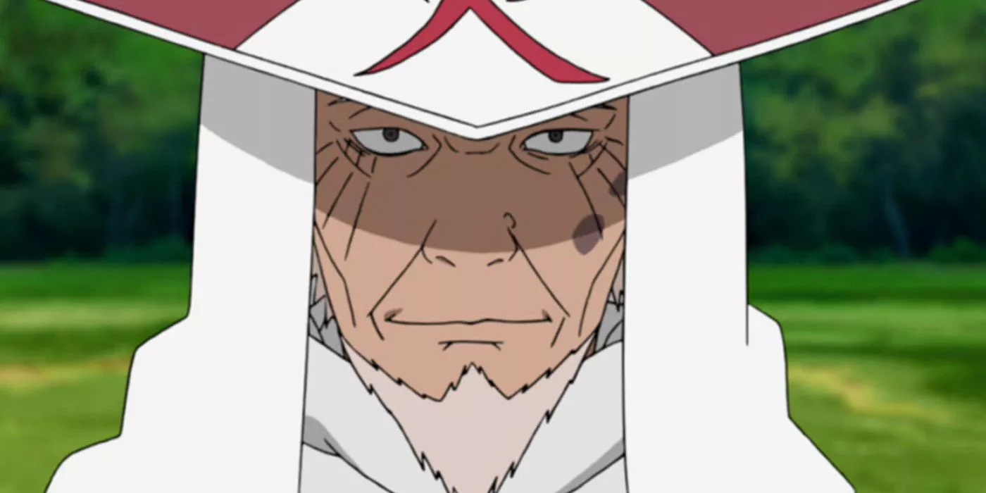 Hiruzen Sarutobi usando el sombrero de Hokage en Naruto: Shippuden