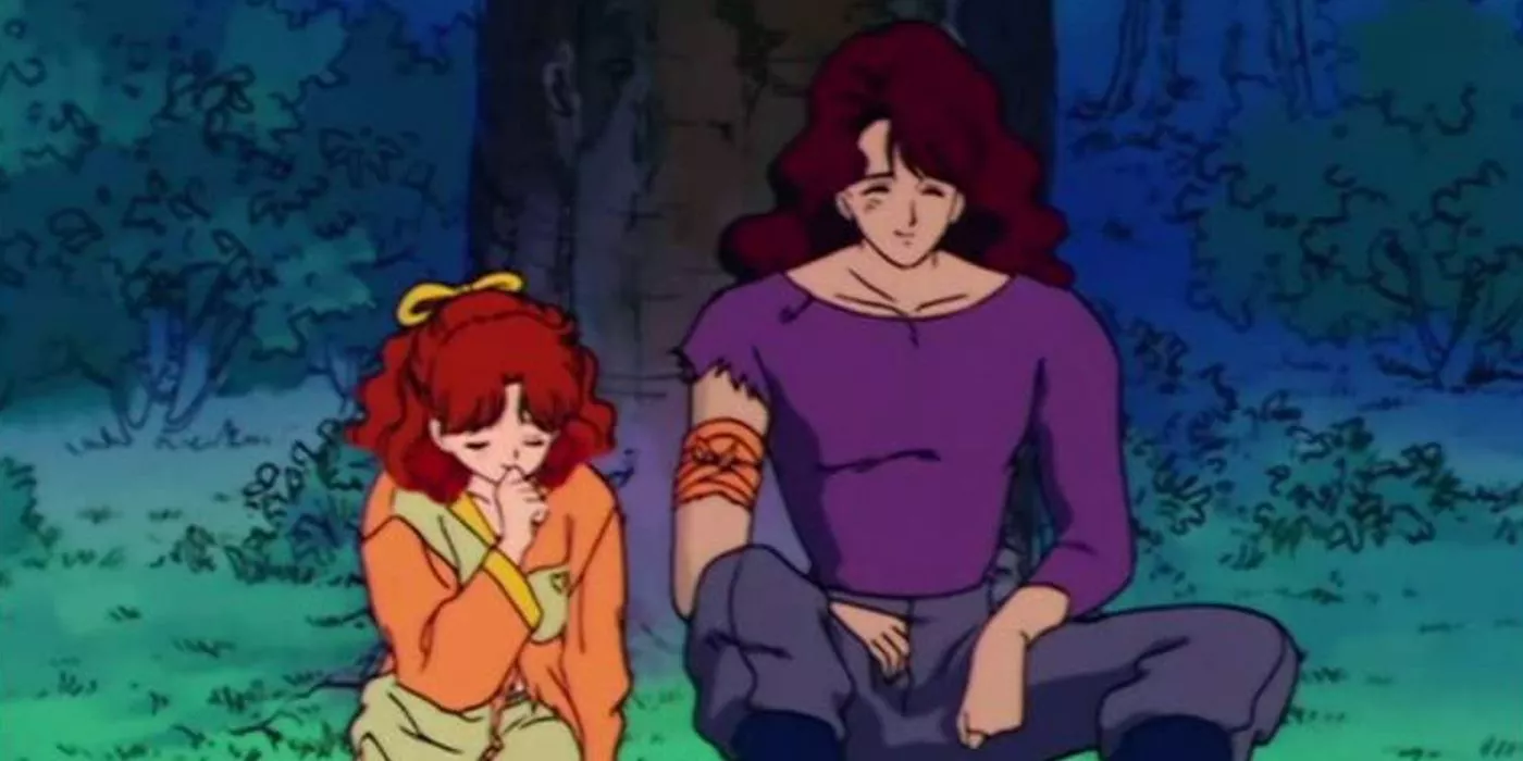 Naru y Nephrite sentados juntos felices en el anime Sailor Moon