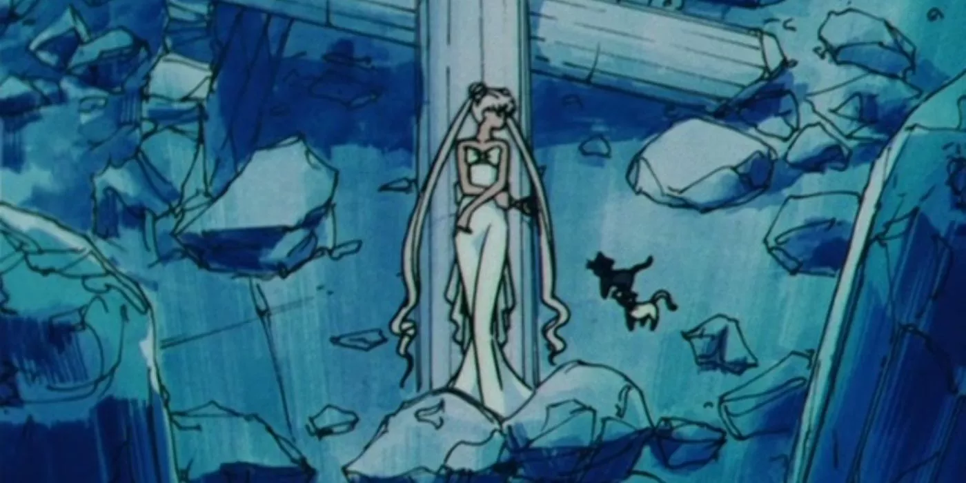 Reina Serenity está con Artemis y Luna en las ruinas del Reino de la Luna en Sailor Moon