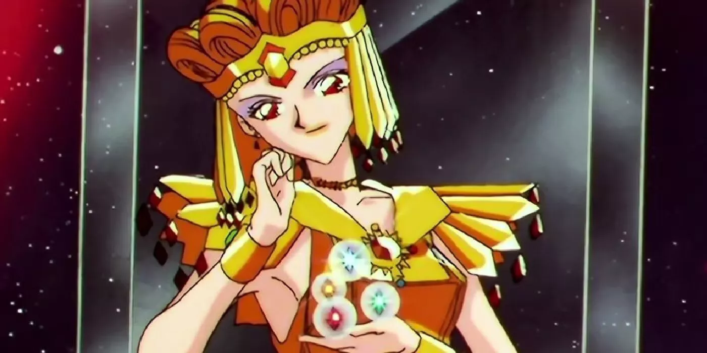 Sailor Galaxia sonriendo mientras sostiene una colección de semillas estelares en Sailor Moon