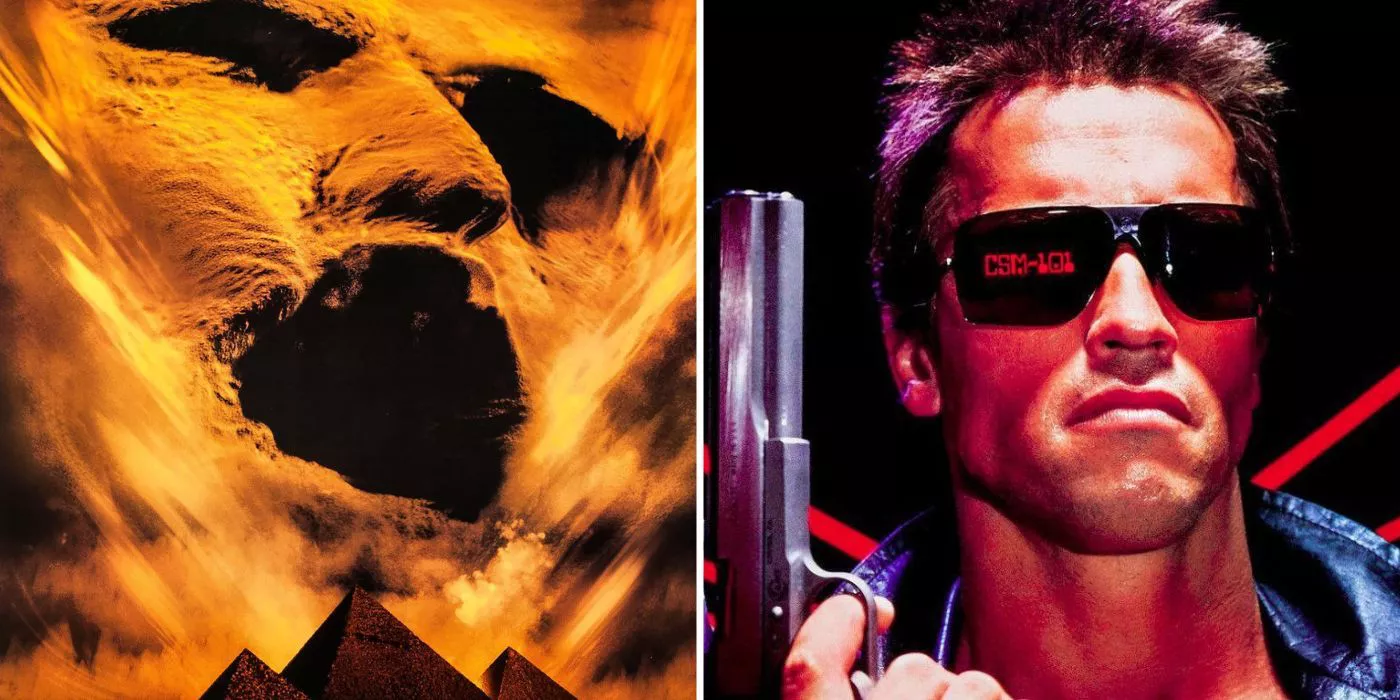 split image: movie posters for The Mummy 1999 and The Terminator