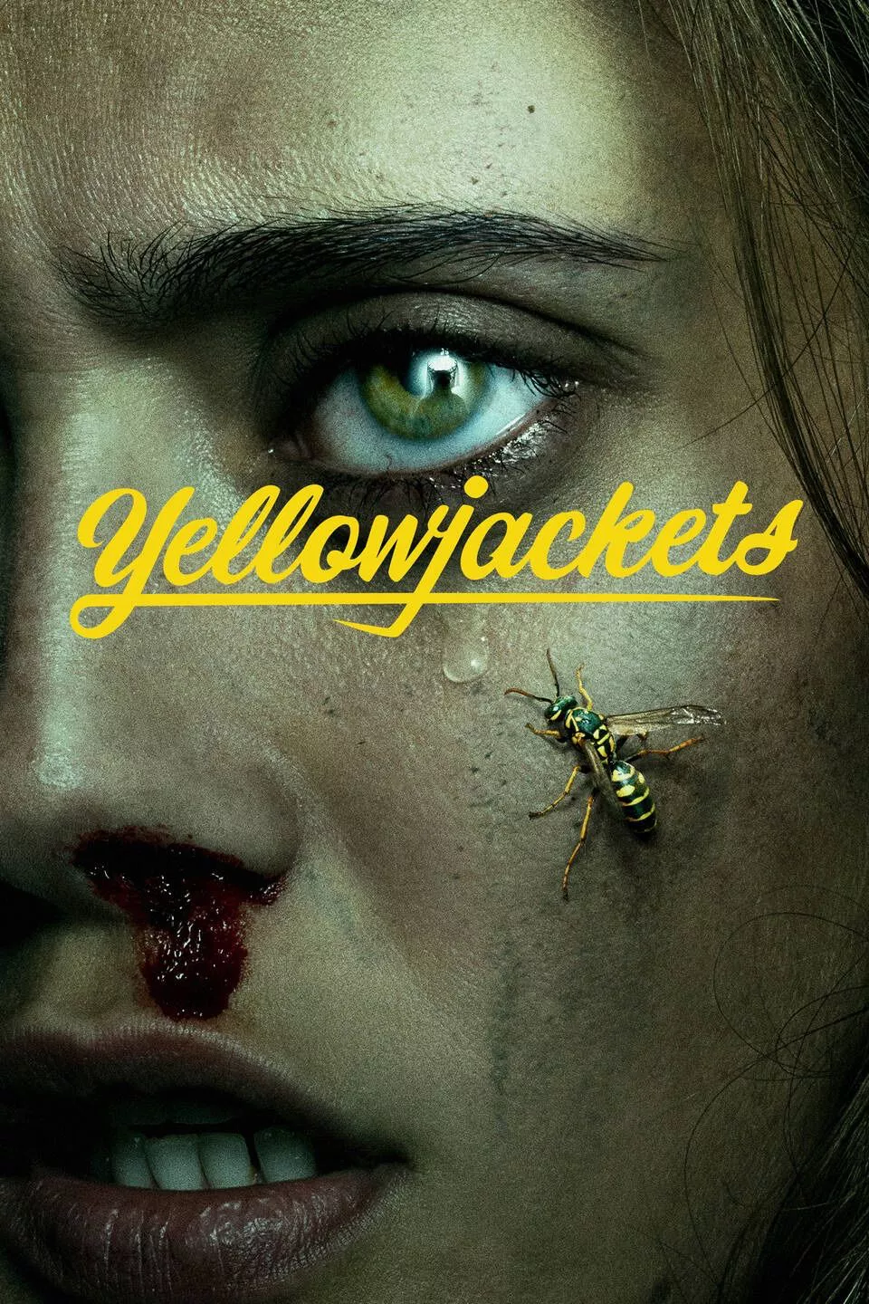 Yellowjackets Tv show poster featuring a yellowjacket crawling on a young woman's face