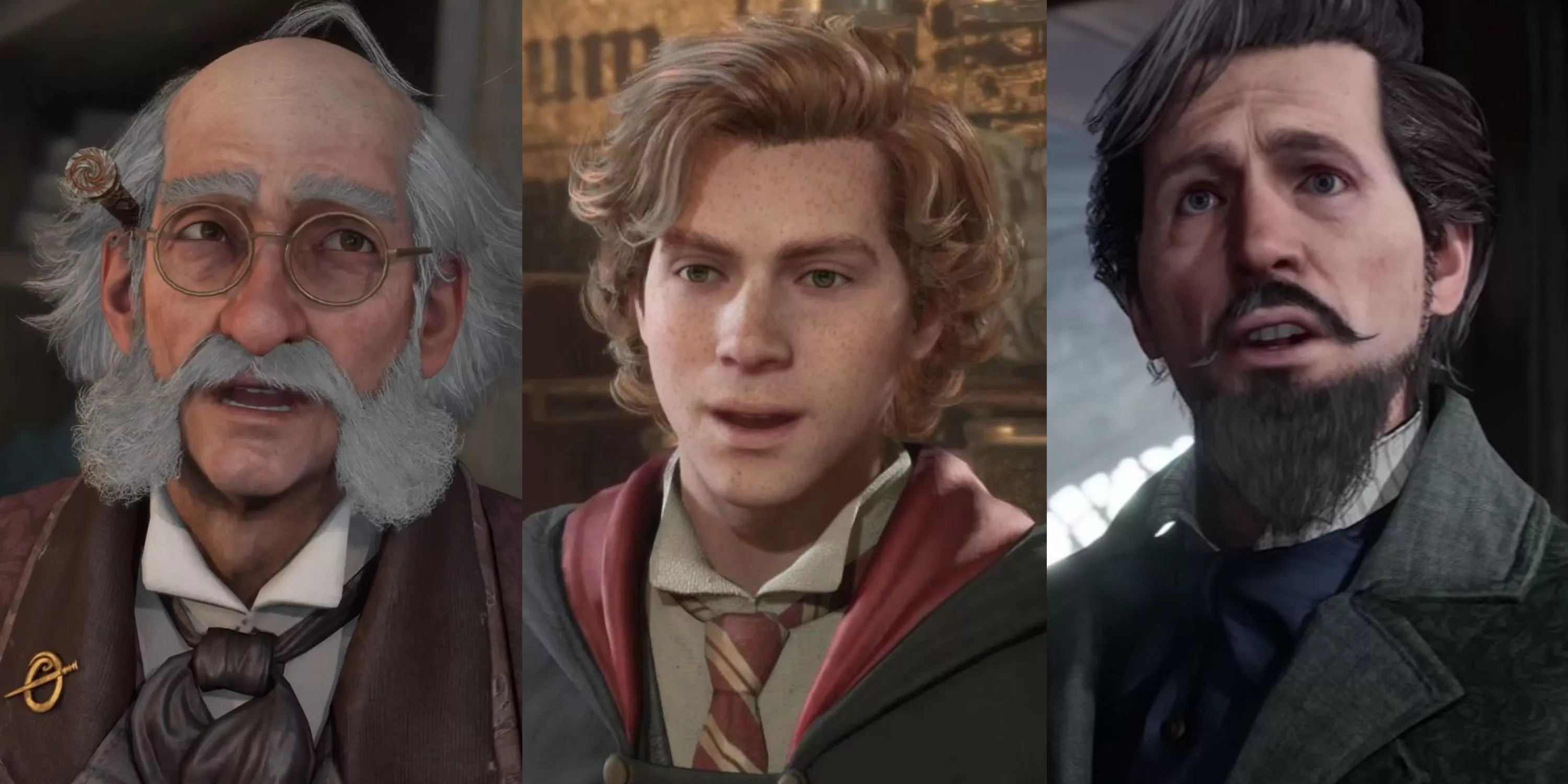 Split image of Ollivander, Weasley and Black in Hogwarts Legacy feature