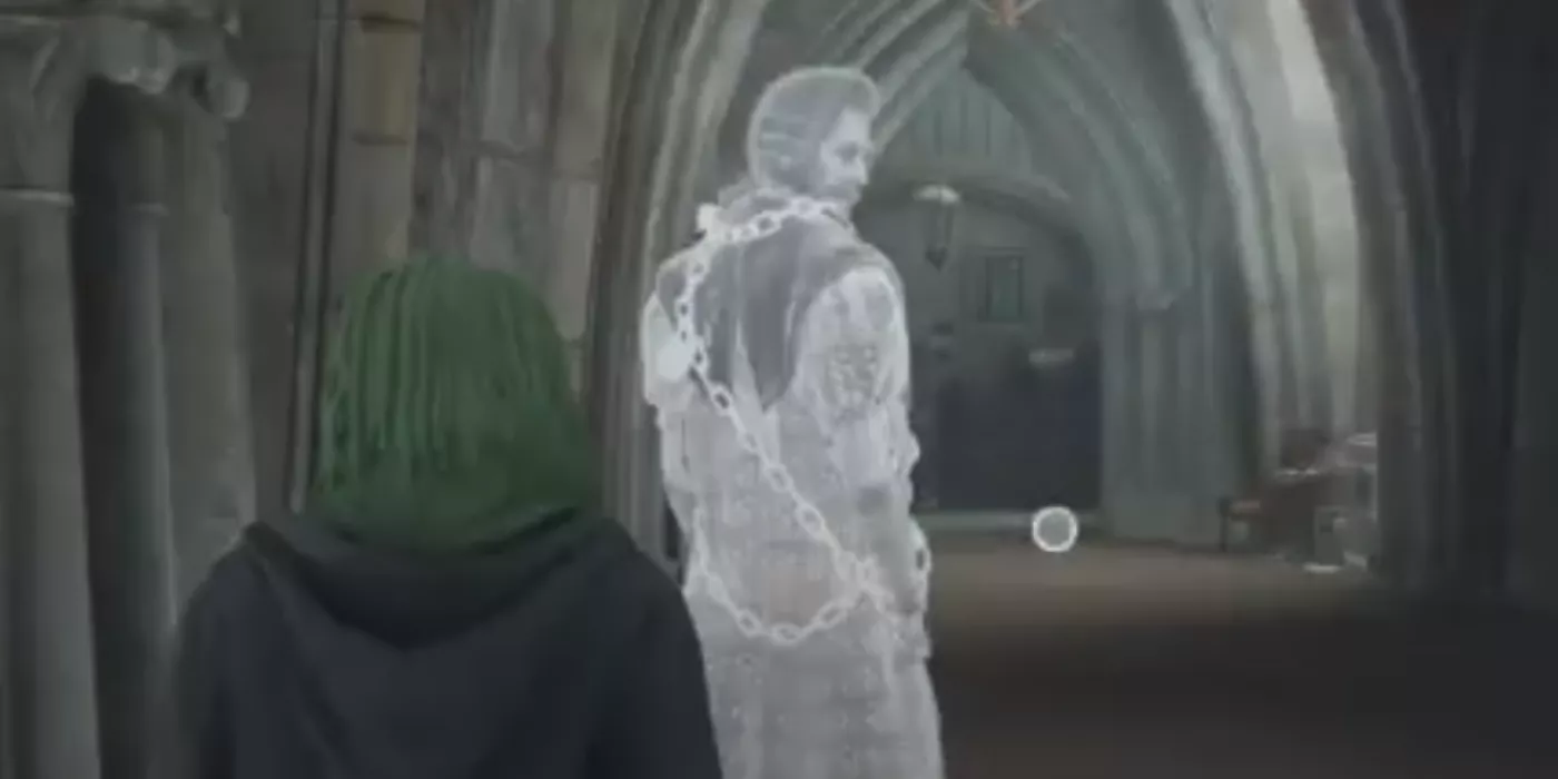 The Bloody Baron looks over his shoulder at the player in Hogwarts Legacy.