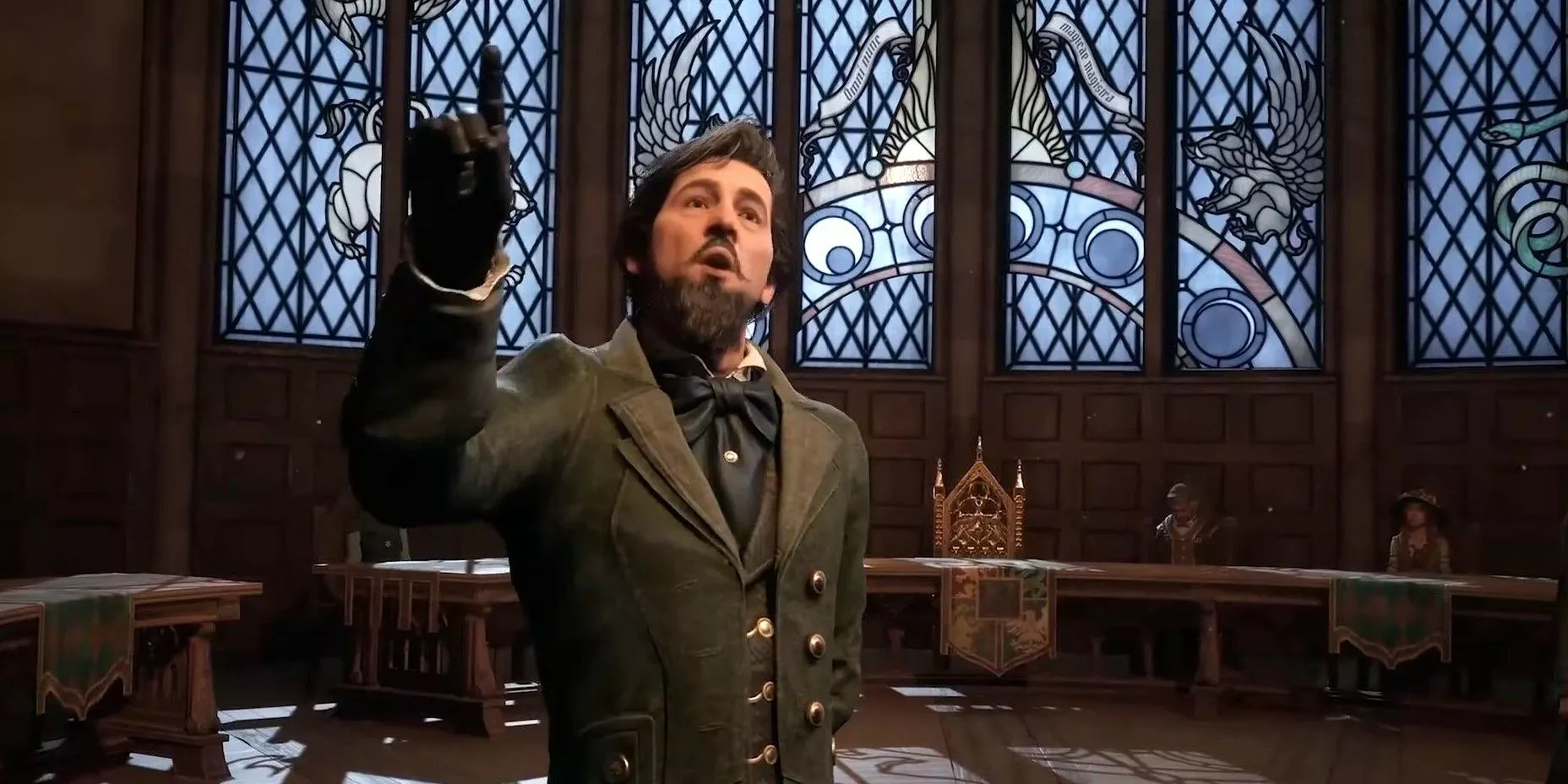 Headmaster Phineas Nigellus Black talking and pointing up in Hogwarts Legacy.