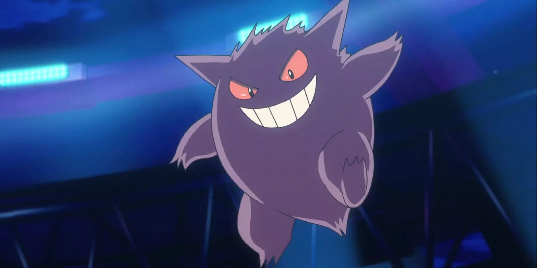 Gengar saltando al aire con una sonrisa traviesa en su rostro en el anime Pokémon.