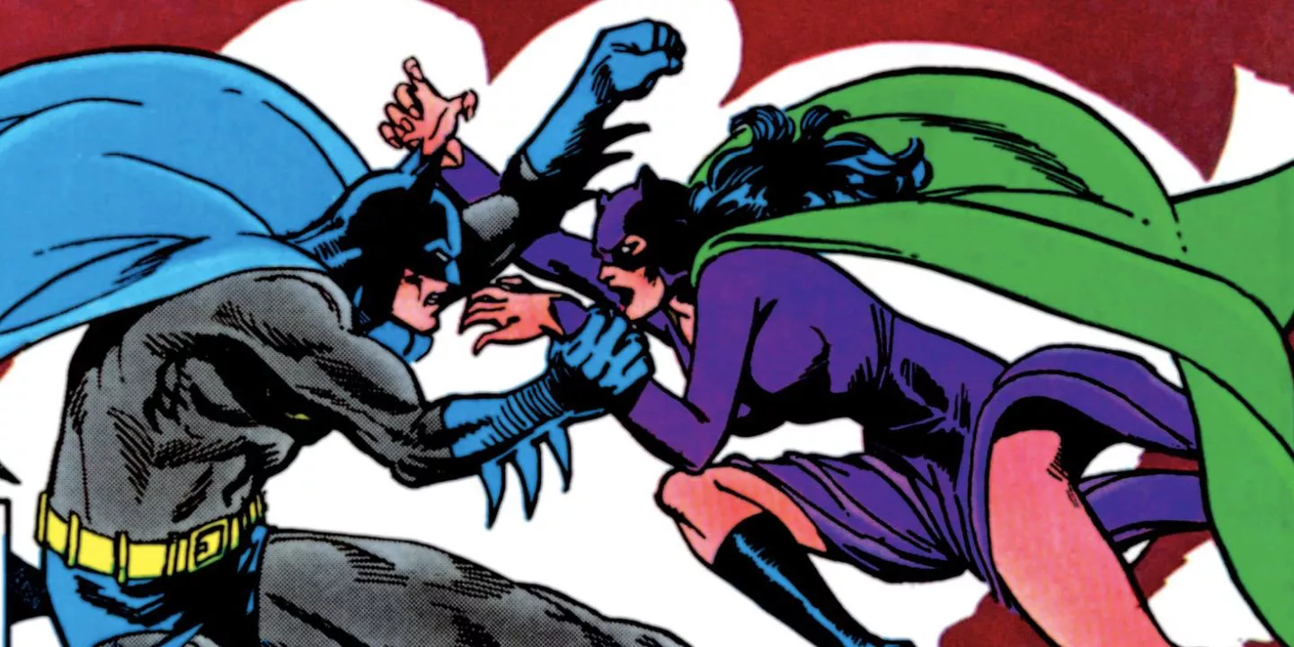 Catwoman attempts to grapple Batman; from DC Comics