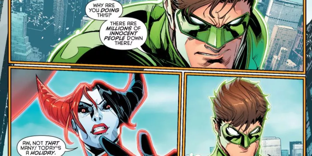 Green Lantern discutiendo con Harley Quinn