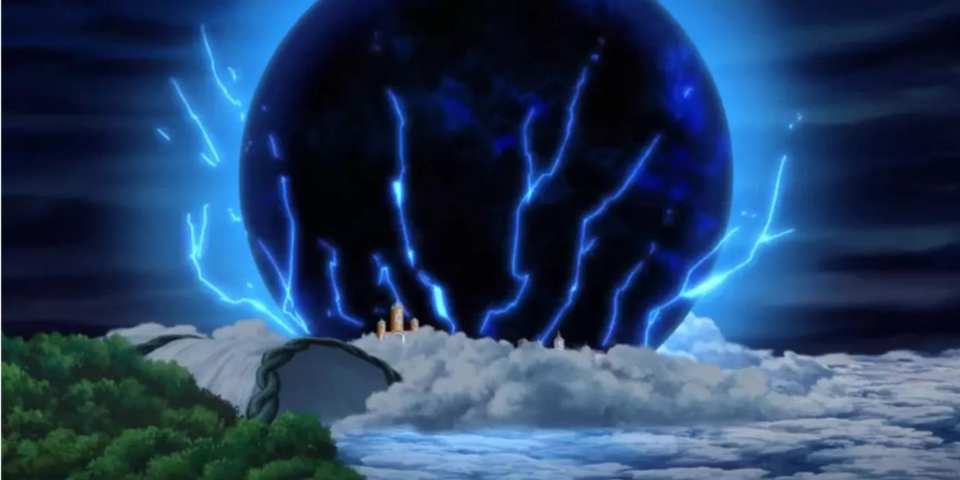 Enel destruye la Isla Angel con la habilidad Raigo de la Fruta Rumble-Rumble en One Piece.