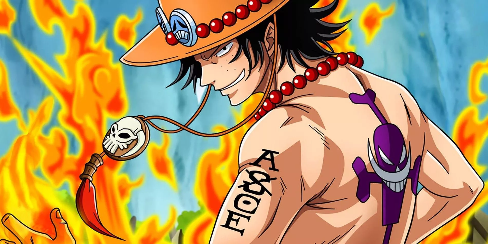 Portgas D Ace con llamas de fondo - One Piece