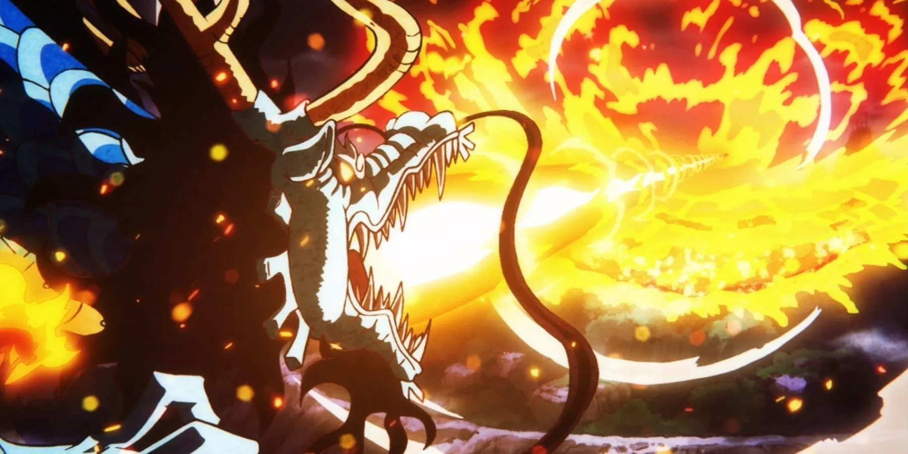 Kaido destruye una montaña con su ataque Bolo Breath en One Piece.