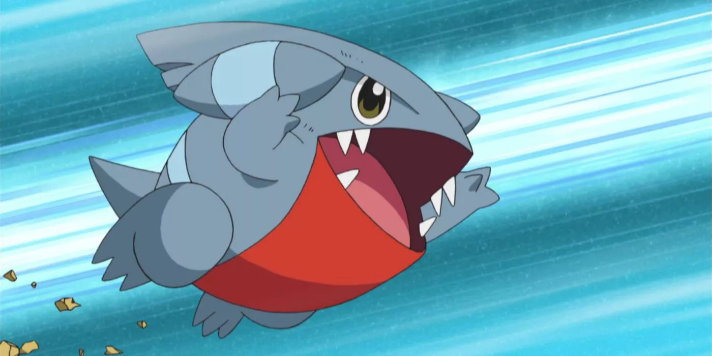 Gible salta hacia adelante en el anime de Pokemon