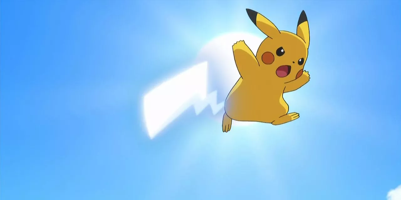 Pikachu usando Colmillazo en el cielo durante el día en Pokémon